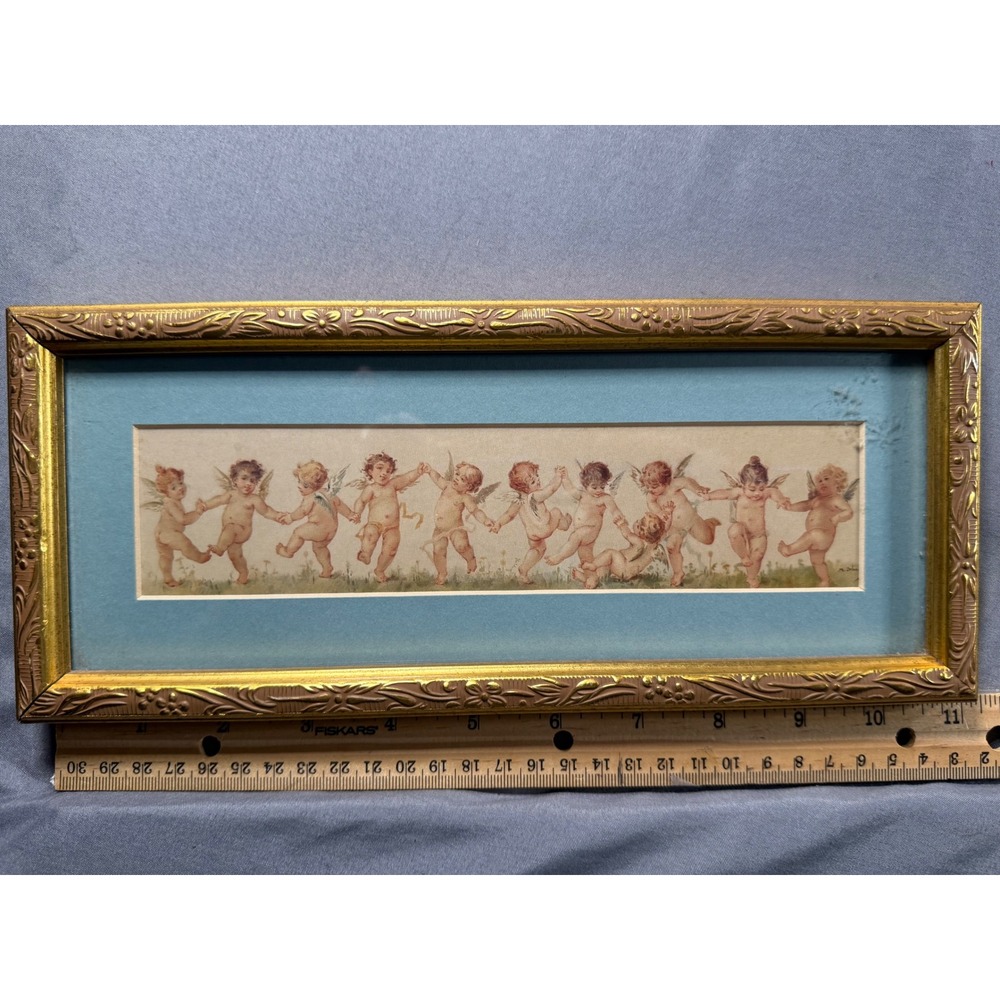 Gallery Graphics Dancing Cherubs Framed Print Gold Ornate Frame Blue Mat Art
